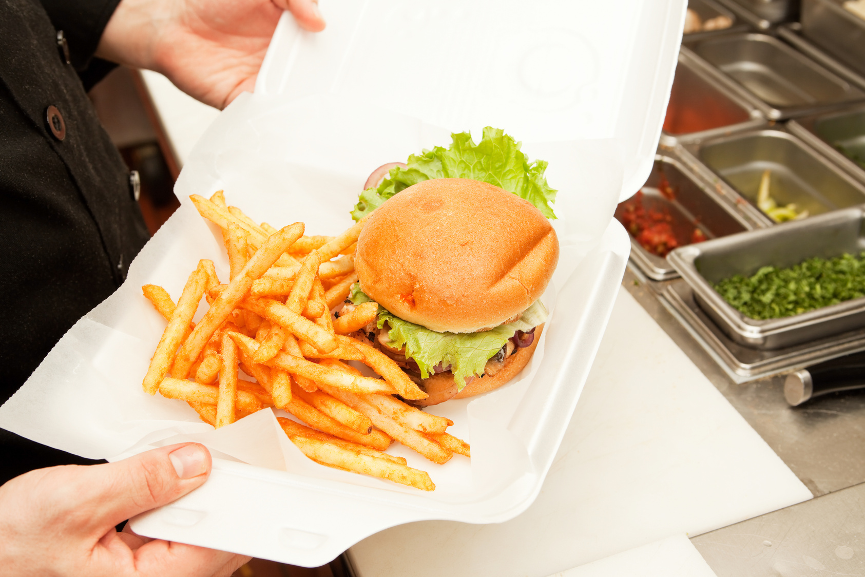 To Go, Chicken Sandwich and Fries in a Clamshell Container